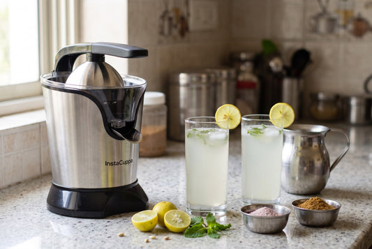 Nimbu pani kaise banate hain: two glasses of fresh nimbu pani with mint and lemon slices beside an InstaCuppa electric citrus juicer, halved lemons, kala namak and roasted cumin on a kitchen counter - InstaCuppa