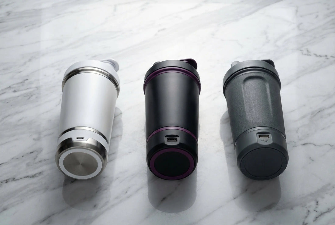 Three electric protein shaker bottles compared - VOLTRX vs InstaCuppa vs PROMiXX
