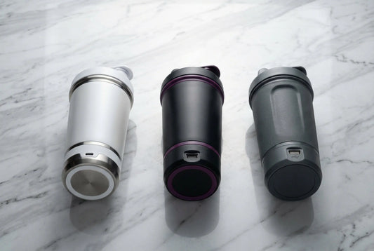 Three electric protein shaker bottles compared - VOLTRX vs InstaCuppa vs PROMiXX