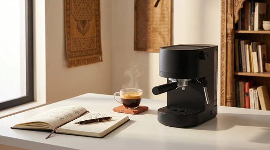 InstaCuppa 3-in-1 Espresso Coffee Maker on desk with espresso cup for honest review