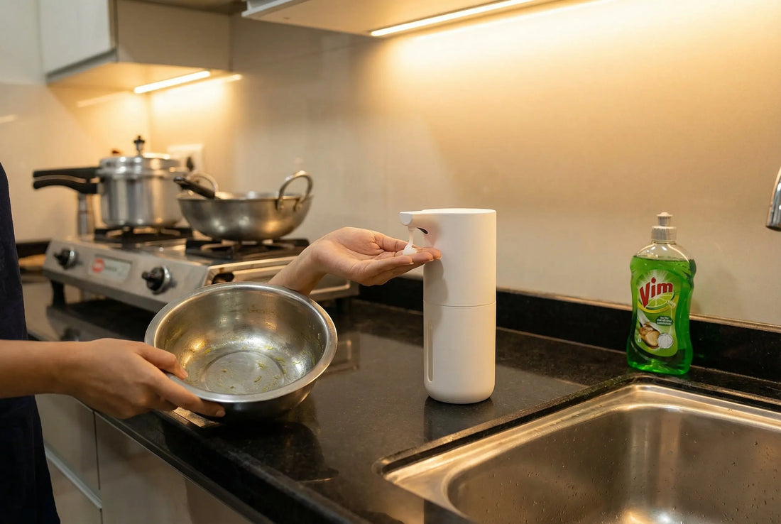Automatic soap dispenser next to Indian kitchen sink