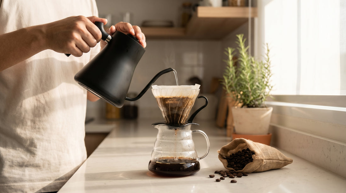 Beginner hands pouring water from gooseneck kettle into pour over coffee dripper