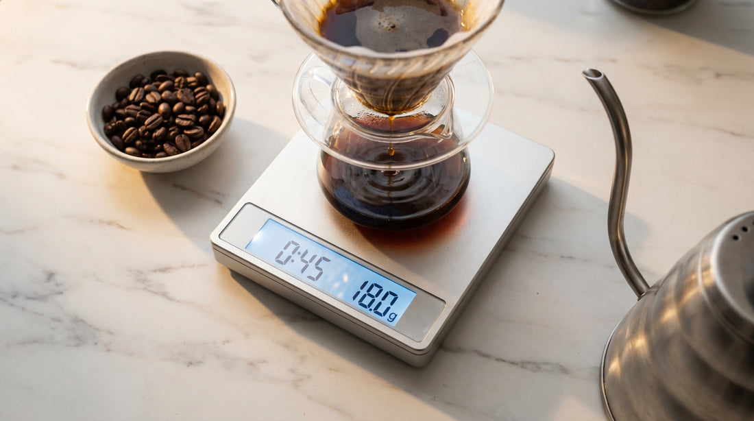 Coffee scale with timer showing pour over brewing setup