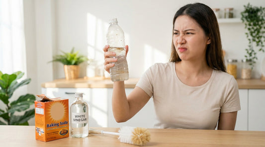 Person holding smelly water bottle away from nose with cleaning supplies — baking soda, vinegar, brush