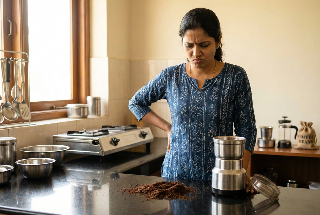 Indian woman examining uneven coffee grounds from an electric coffee grinder in her kitchen