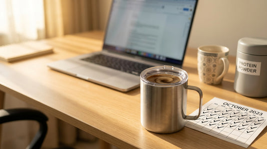 Self-stirring mug on desk with 30-day calendar, honest review lifestyle