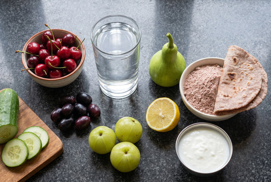 Uric acid diet foods - water, cherries, jamun, amla, cucumber, ragi roti and curd on an Indian kitchen counter