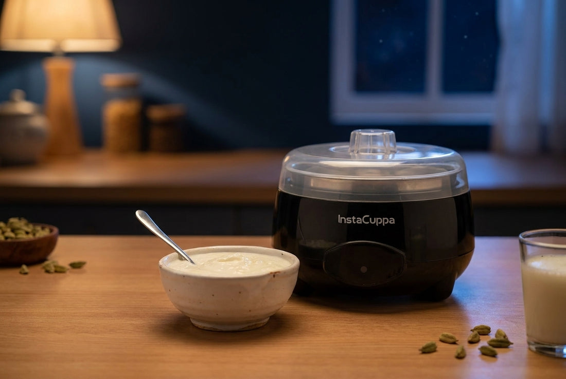 Bowl of fresh curd (dahi) at night beside the InstaCuppa Automatic Curd Maker