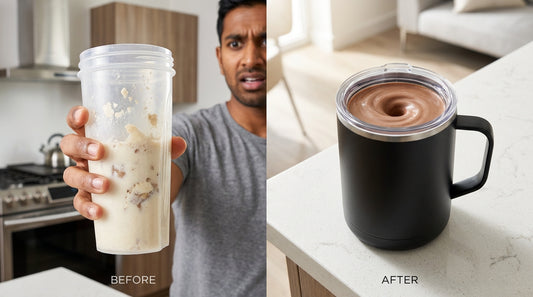 Split image - lumpy protein shake in shaker bottle vs smooth shake in self-stirring mug