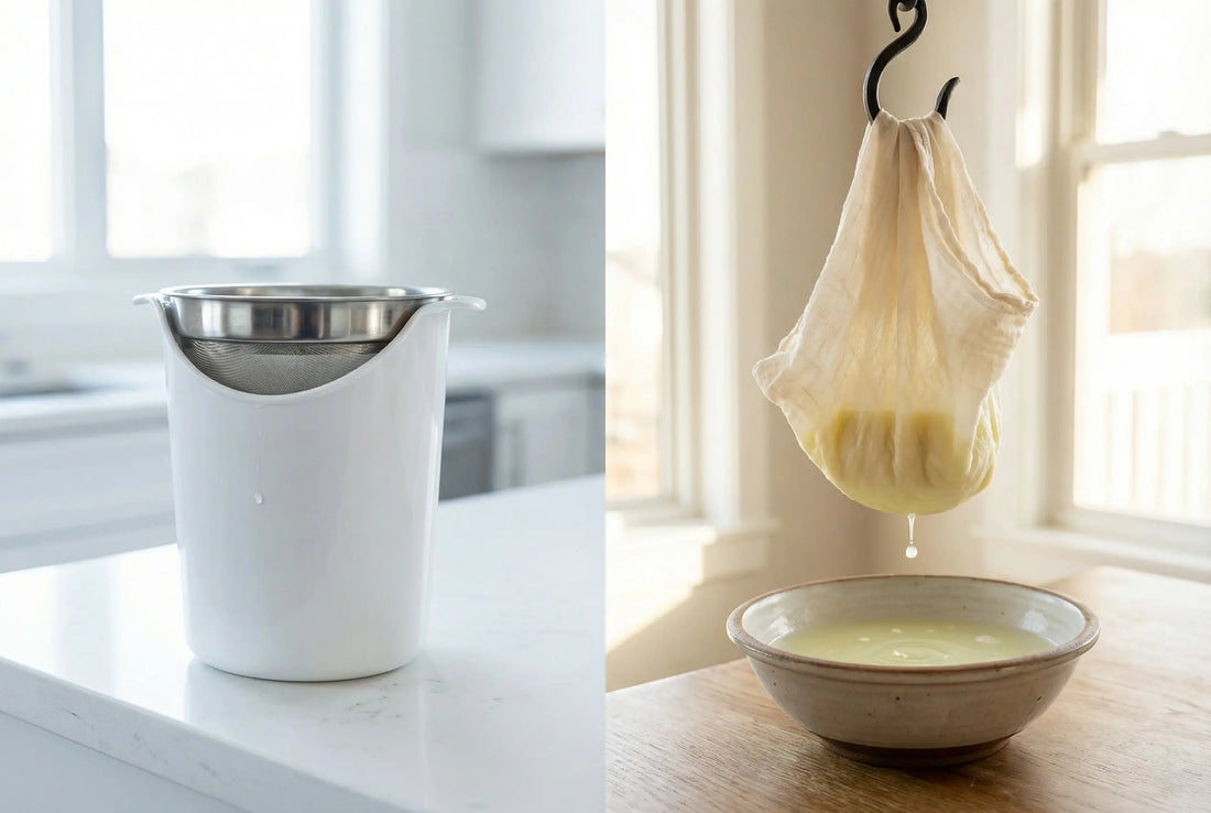 Yogurt strainer vs messy muslin cloth comparison