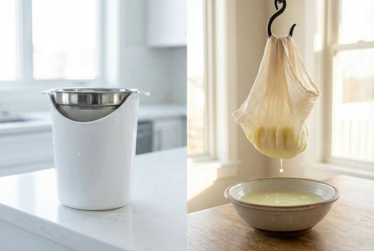 Yogurt strainer vs messy muslin cloth comparison