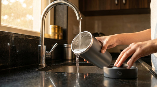 Self-stirring mug being carefully cleaned without submerging