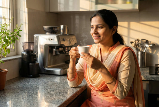 Indian woman enjoying espresso at home with Wonderchef machine and InstaCuppa grinder