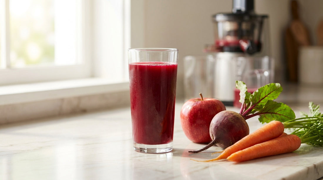 Glass of ABC juice (apple, beetroot, carrot) with fresh produce and a cold-press juicer