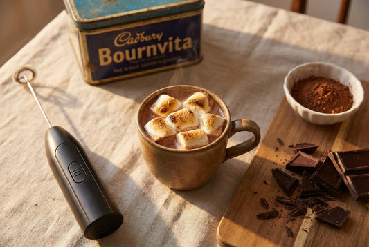 Rich hot chocolate with marshmallows made with electric milk frother