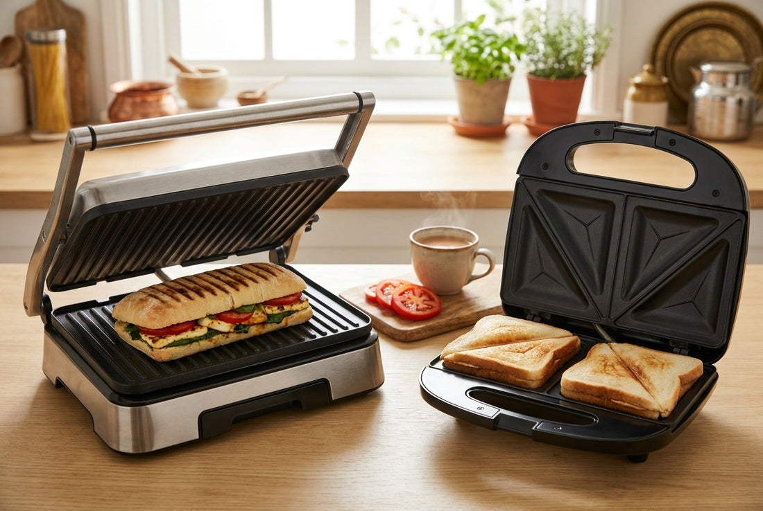 Panini press vs sandwich maker: an open stainless-steel panini press with ridged grill plates and a grilled paneer panini beside a sandwich maker with triangular plates and toasted sandwiches