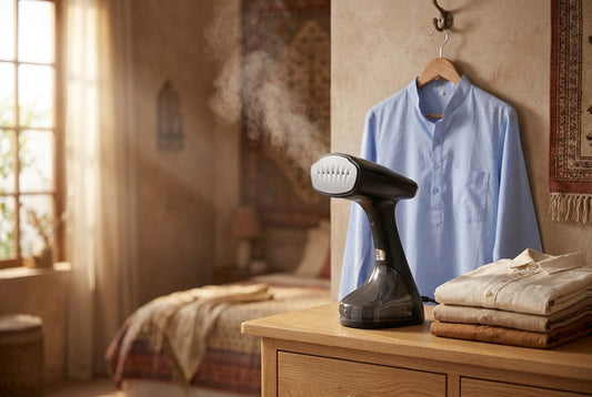 InstaCuppa Foldable handheld garment steamer on a wooden dresser, steam rising beside a cotton kurta on a hanger in an Indian bedroom