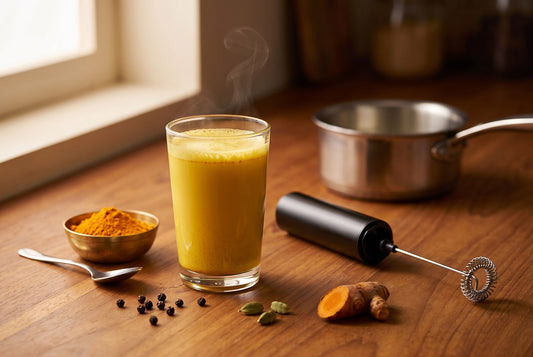 Turmeric milk recipe: a glass of warm haldi doodh with turmeric powder in a brass katori, black pepper, cardamom, fresh turmeric and the InstaCuppa rechargeable milk frother - InstaCuppa
