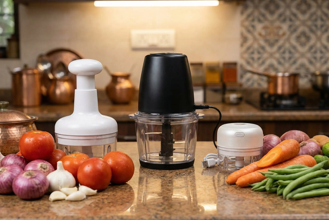 Three types of kitchen choppers with fresh vegetables complete guide
