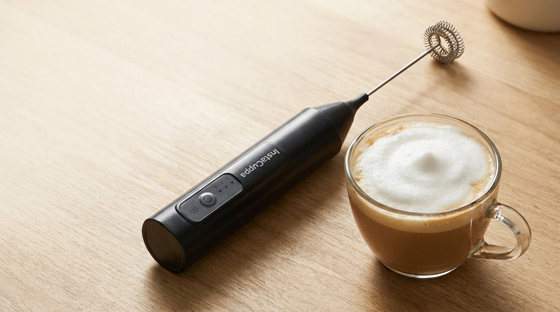 Handheld InstaCuppa milk frother beside a cup of coffee with thick foam