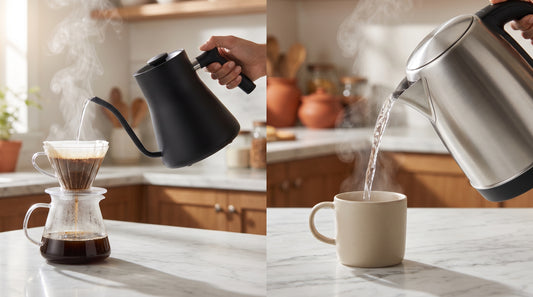Gooseneck kettle vs regular kettle comparison showing water flow difference