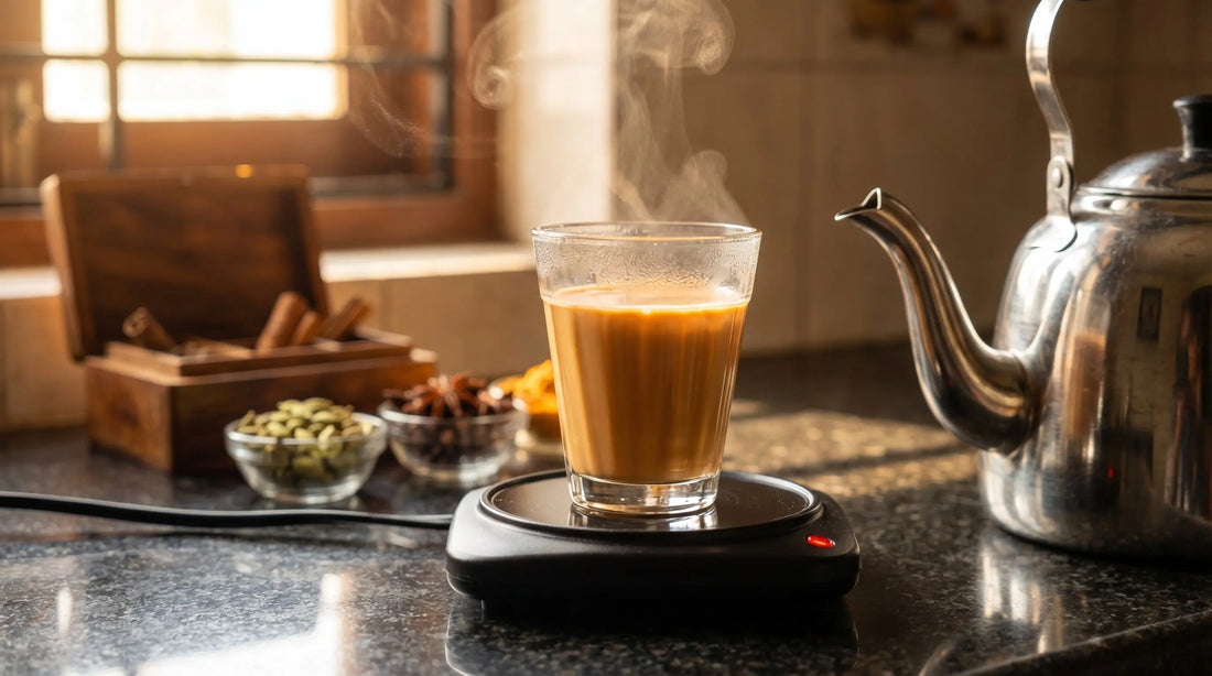 Masala chai cup on an electric warming plate in an Indian home kitchen