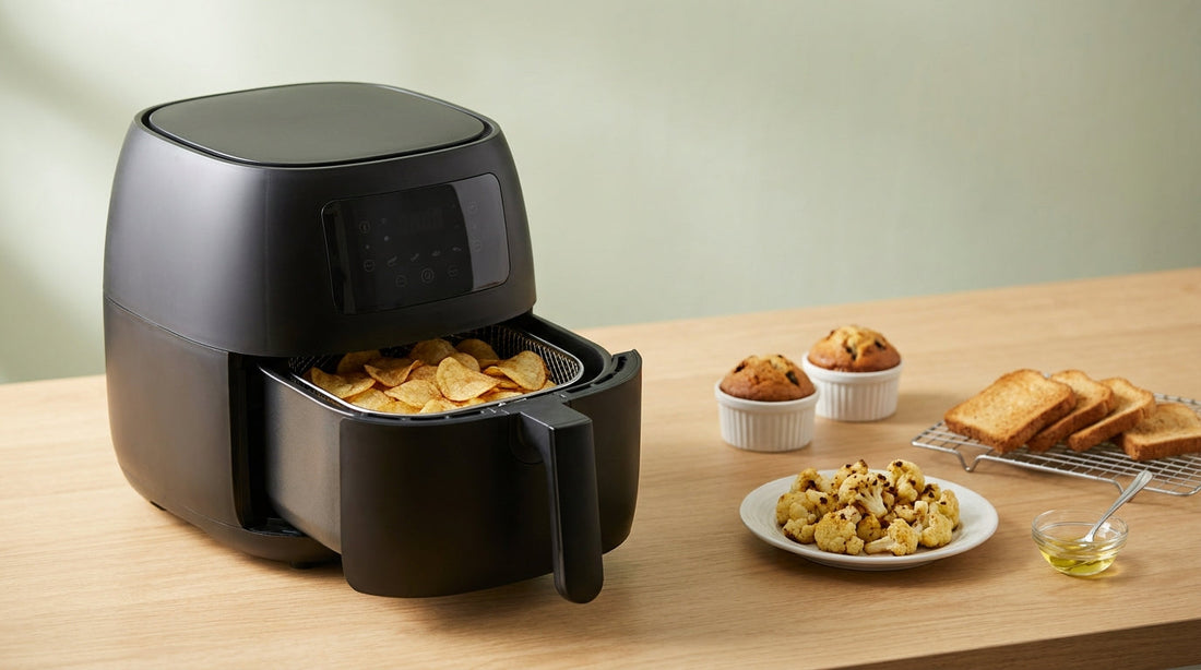 InstaCuppa guide to air fryer uses - an air fryer with chips beside roasted cauliflower, baked muffins and toast
