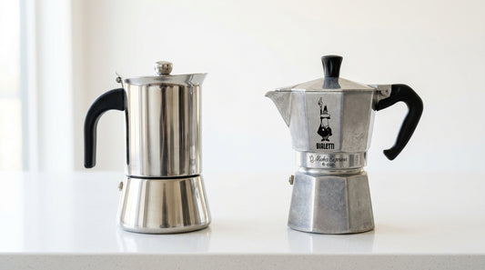 Stainless steel and aluminum moka pots side by side material comparison