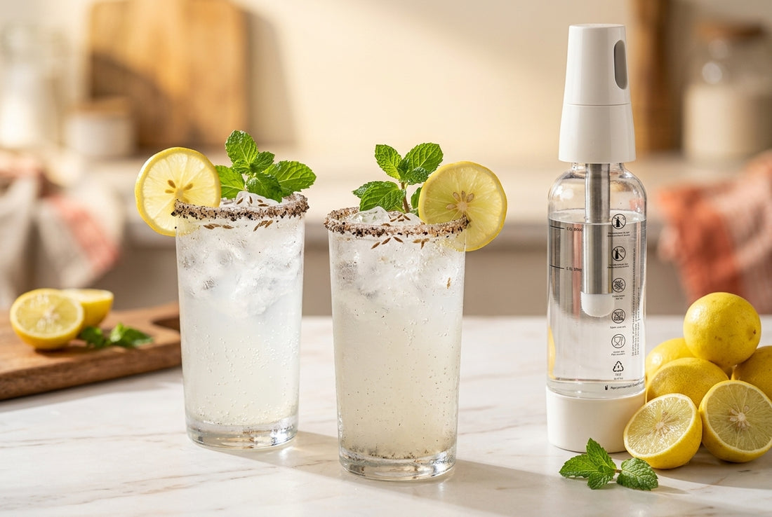 Two glasses of homemade shikanji with lemon, mint and black salt beside an InstaCuppa Portable Soda Maker