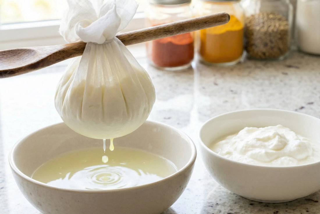 Hung curd straining in muslin cloth with whey dripping
