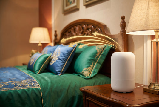 Humidifier placement on nightstand in Indian bedroom