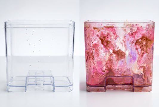 Clean vs dirty humidifier tank showing pink mold comparison