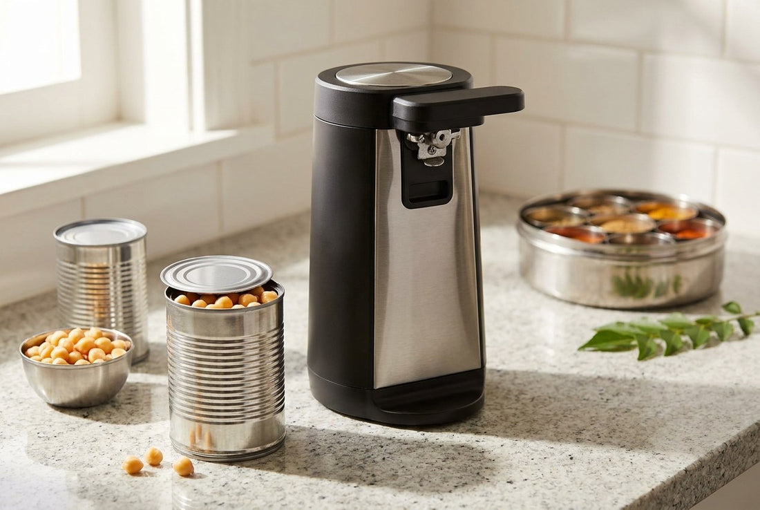 Electric can opener on a granite kitchen counter beside a freshly opened tin of chickpeas with a smooth-cut lid, in a bright Indian home kitchen