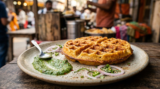 Golden besan waffle with green chutney