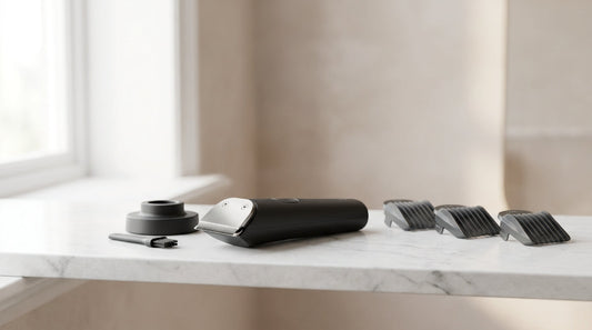 InstaCuppa guide: best beard trimmer for men in India 2026 — cordless trimmer with three guard combs, brush and stand on a marble bathroom shelf