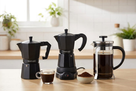 Coffee machine under 5000 in India: InstaCuppa stovetop moka pot, electric moka pot and French press on a kitchen counter