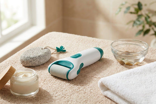 Best electric foot callus remover in India 2026 on a spa towel with pumice stone, foot cream, and warm water