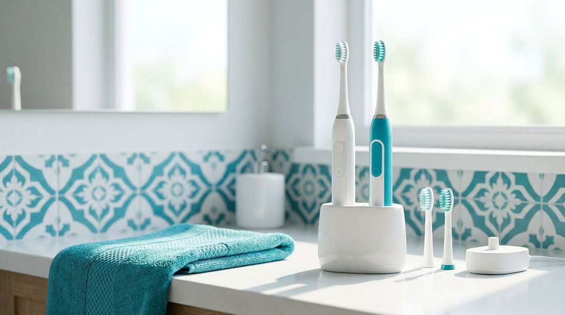 Two electric toothbrushes in a holder with spare heads and a charging base