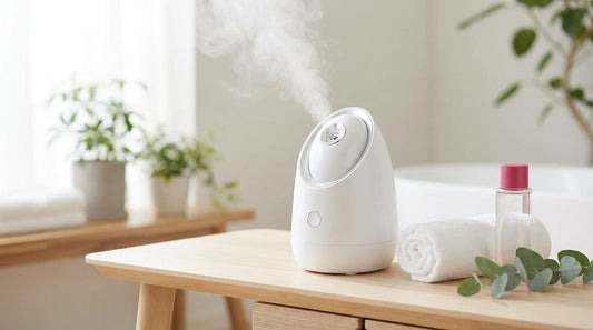 A white nano-ionic facial steamer releasing mist on a vanity with a towel and toner