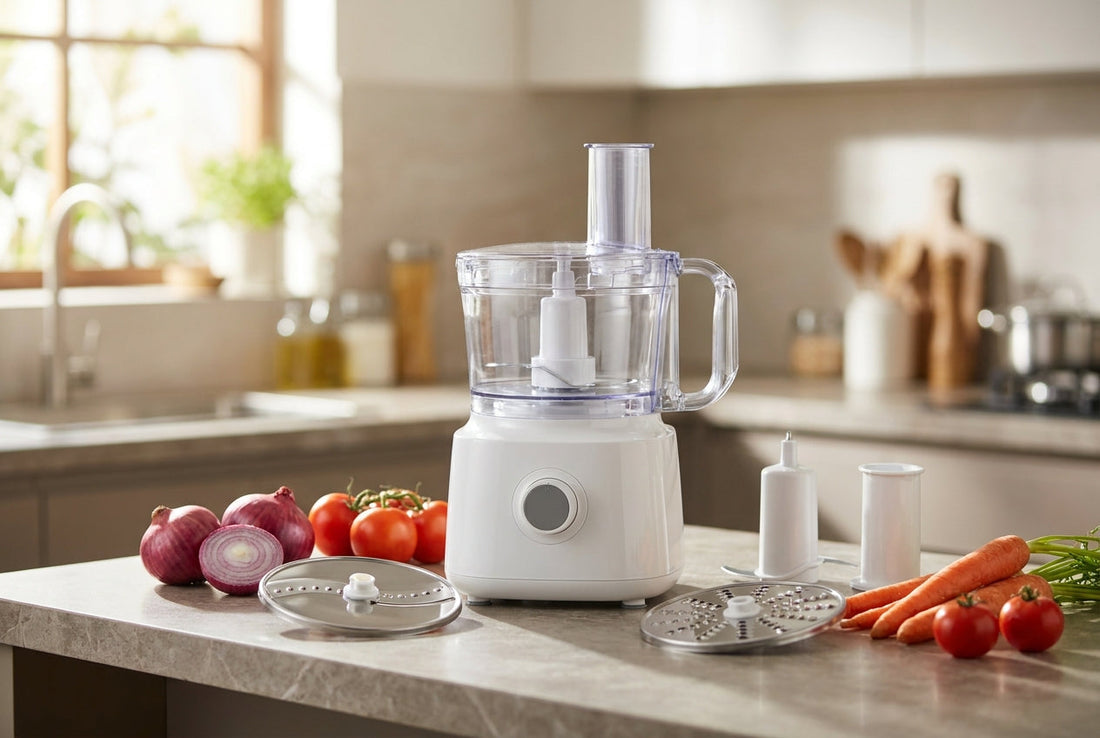 White food processor with clear bowl and discs on a kitchen counter with fresh vegetables