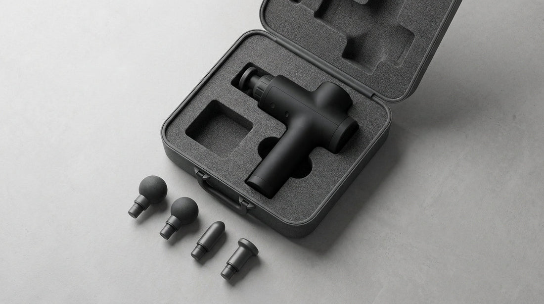 Black percussion massage gun in an open case with four massage head attachments