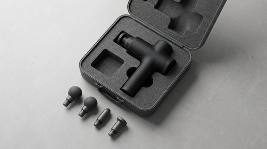 Black percussion massage gun in an open case with four massage head attachments