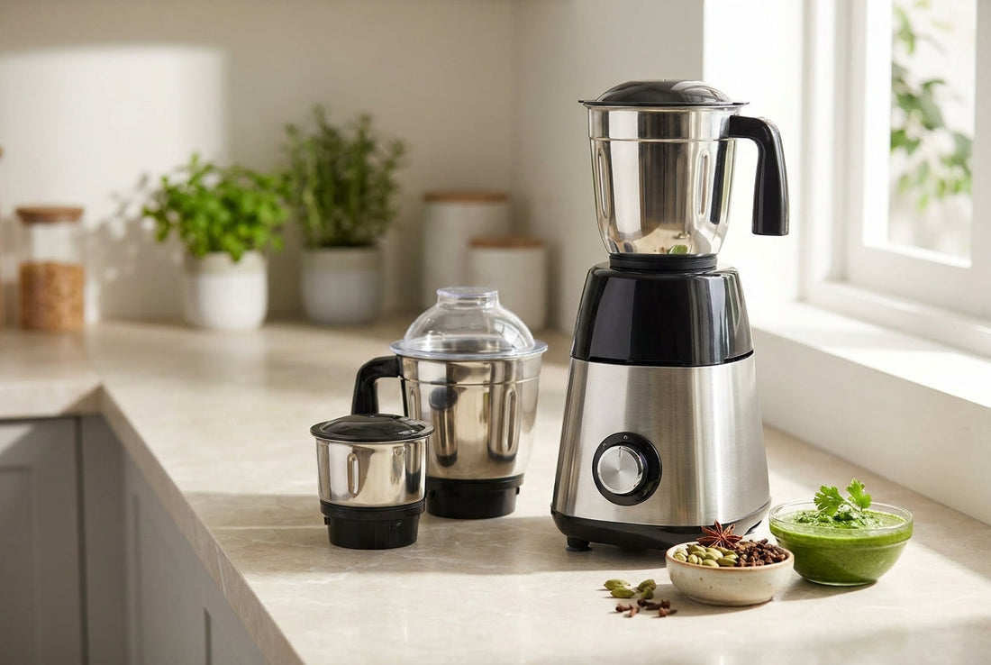 Stainless steel mixer grinder with three jars on a kitchen counter beside spices and chutney