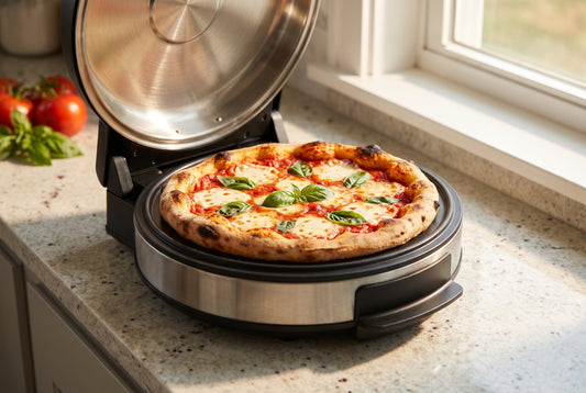 Countertop electric pizza maker with a fresh Margherita pizza inside — best pizza maker in India 2026