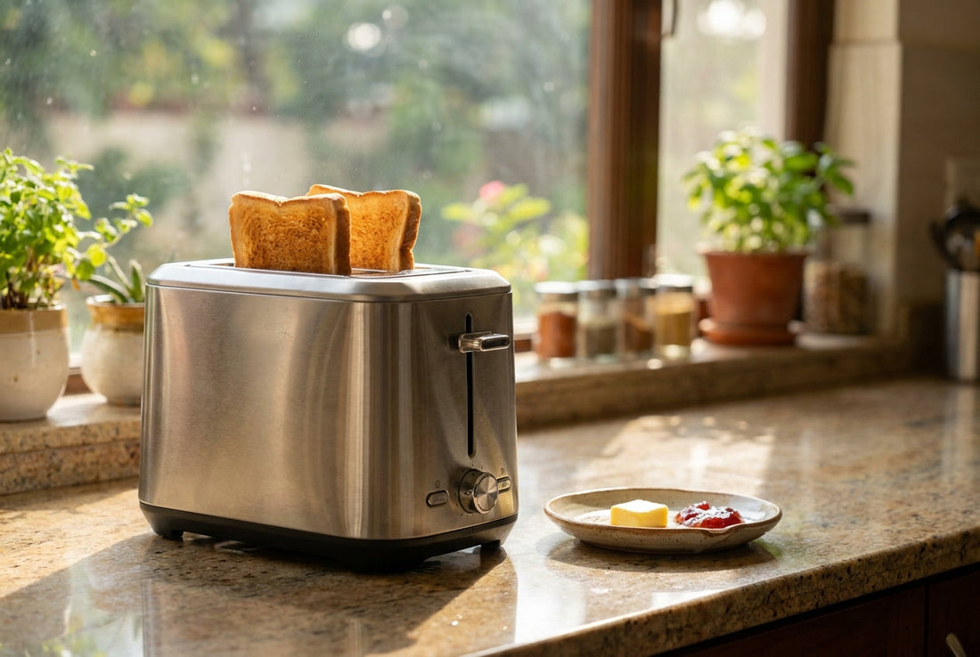 Stainless steel 2-slice pop-up toaster with golden toast on a kitchen counter beside butter and jam