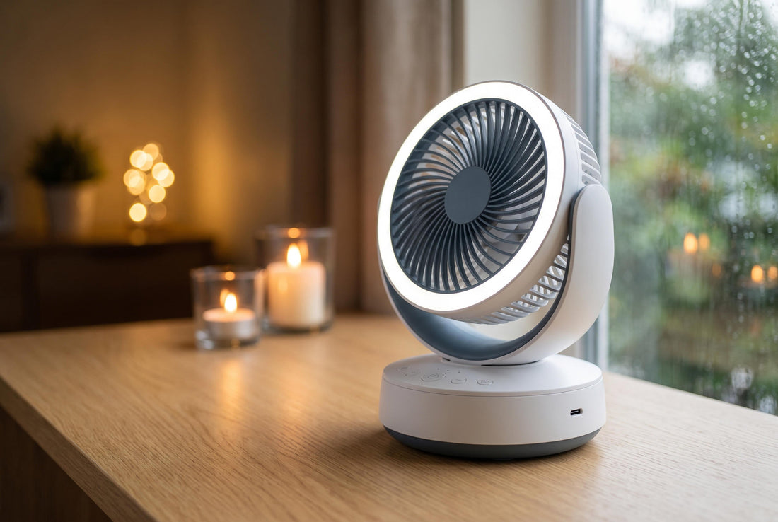 Rechargeable table fan on a desk during a power cut in an Indian home