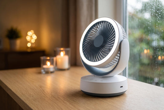 Rechargeable table fan on a desk during a power cut in an Indian home