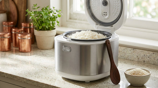 White and silver electric rice cooker with cooked rice on an Indian kitchen counter