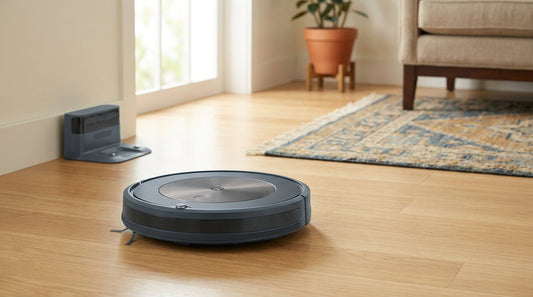 A round robot vacuum on a wooden floor near its dock in a bright Indian living room