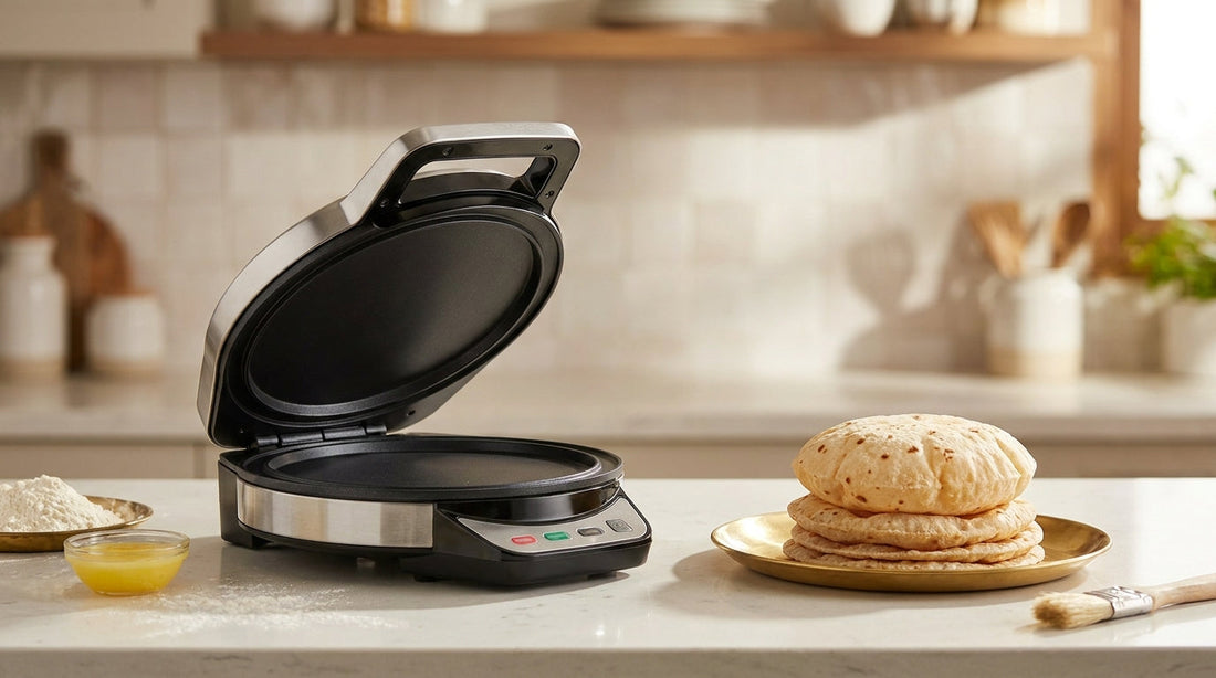Stainless steel electric roti maker on an Indian kitchen counter with fresh rotis